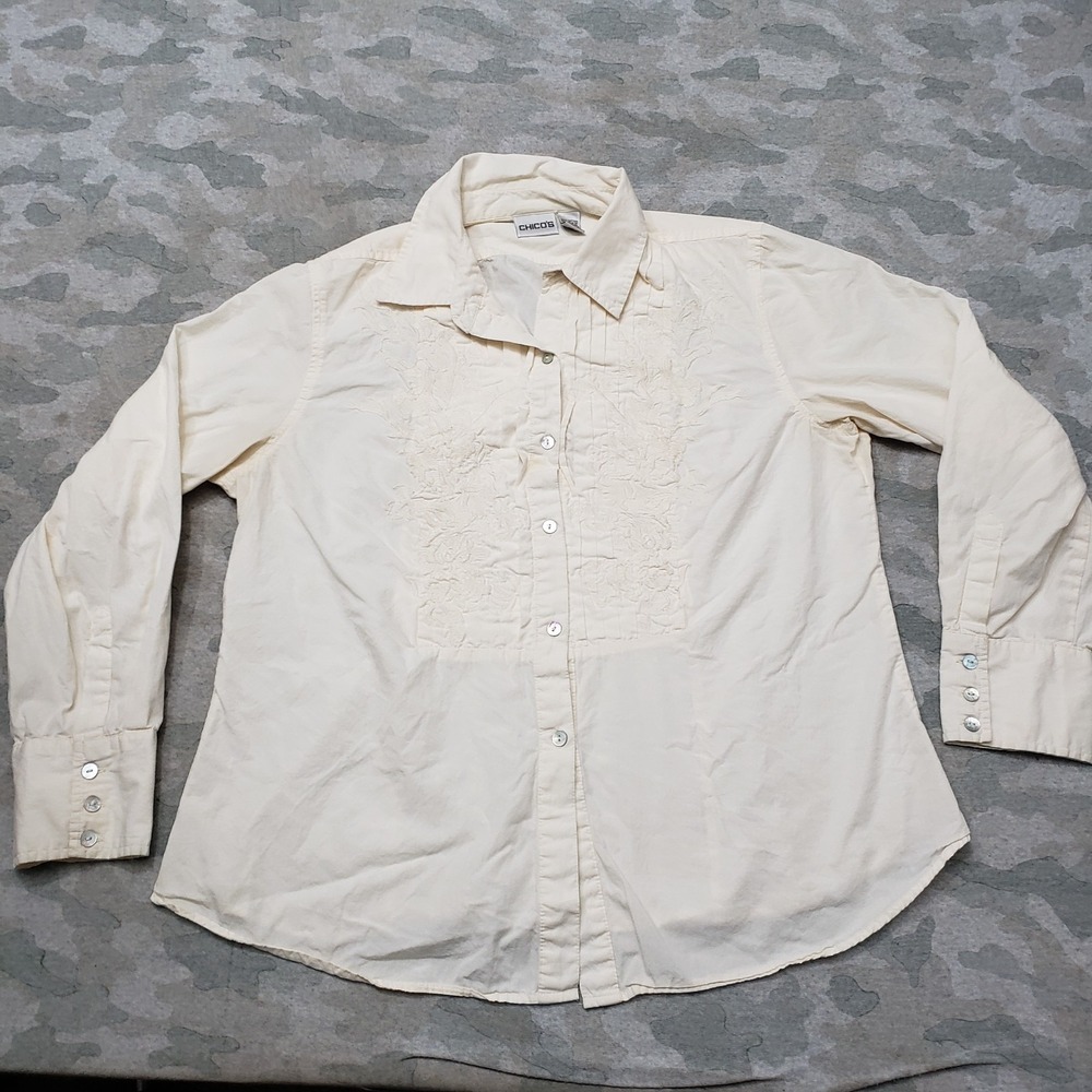 Chico's Top Womens 3 Beige Long Sleeve Button-Up Embroidered